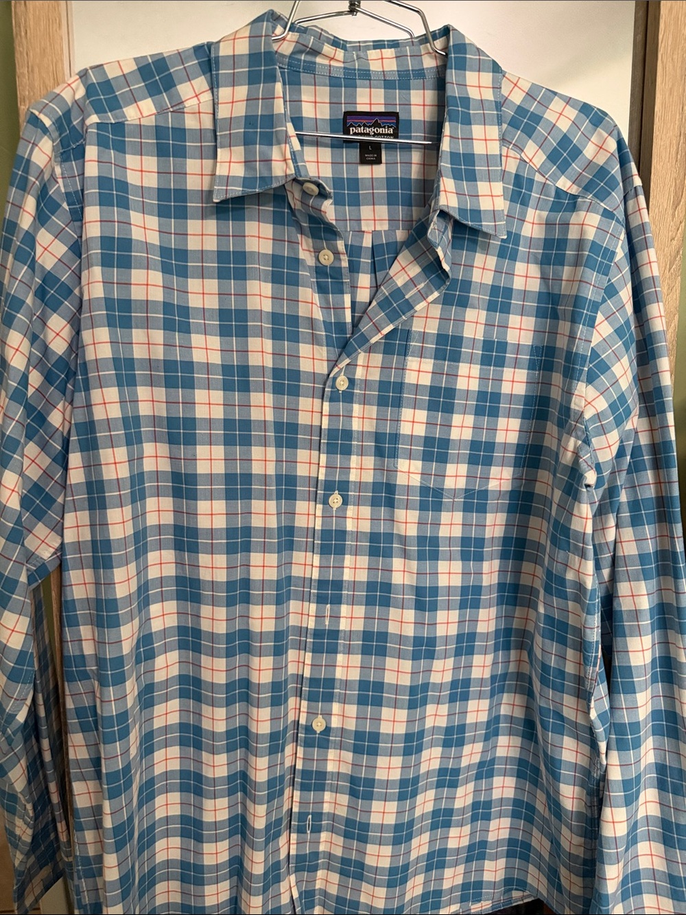 Patagonia Light Blue and White Plaid Button-Down Shirt with Subtle Red Accents